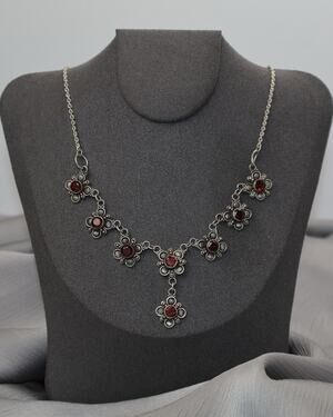 Vintage Sterling Silver Garnet Floral Necklace 13.4G / 20in N1481